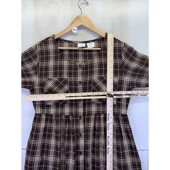 Vintage 1980-90s Moda Intl Womens Brown Plaid Button Front Dress Medium-USA Made - Picture 3 of 6